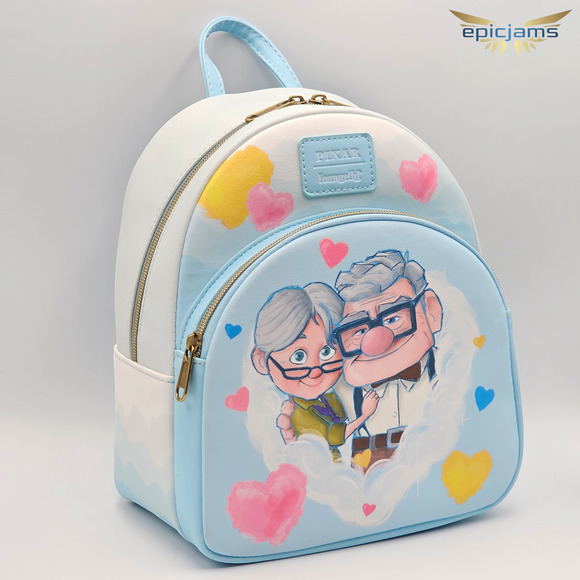 Loungefly Disney Pixar Up Carl & Ellie Hearts Love Couple Blue Mini Backpack Bag - Picture 2 of 5